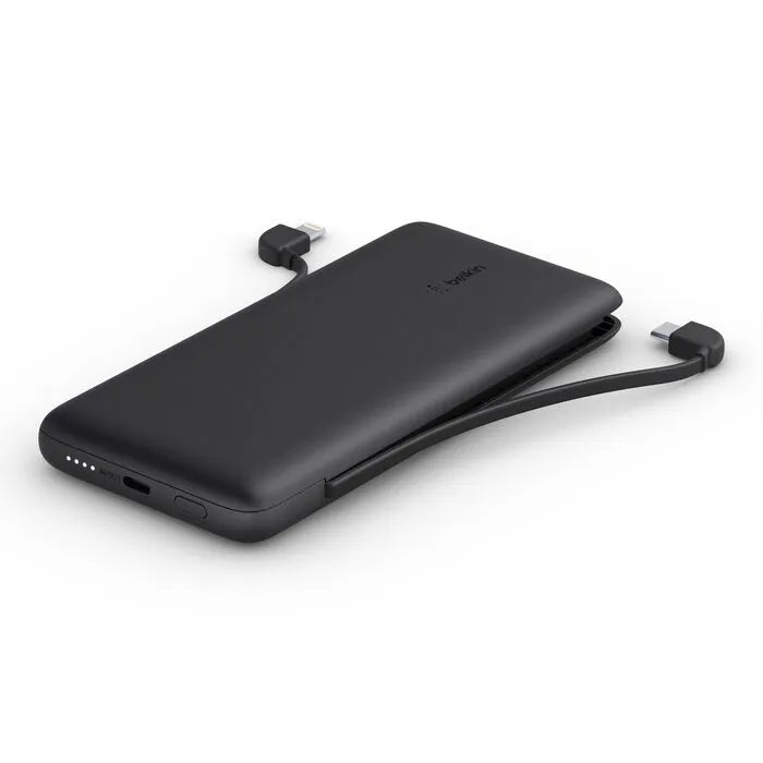 10K USB-C Power Bank with Integrated Cables, Black