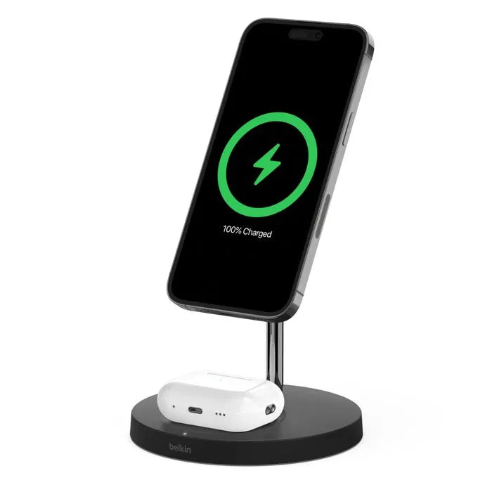 2-in-1 Wireless Charger Stand with Official MagSafe Charging 15W (Certified Refurbished), Black