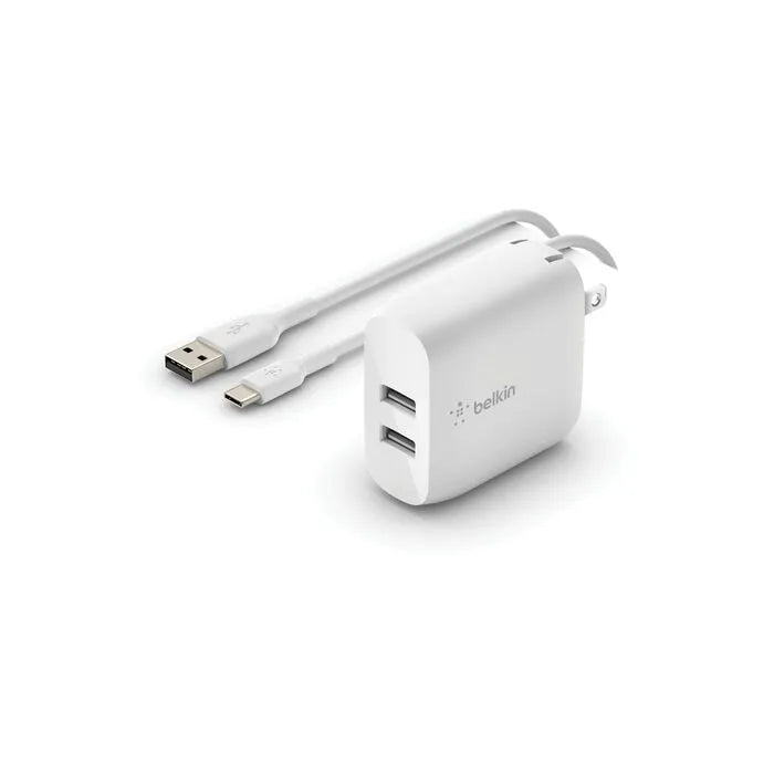 Dual USB-A Wall Charger 24W + USB-A to USB-C cable, White
