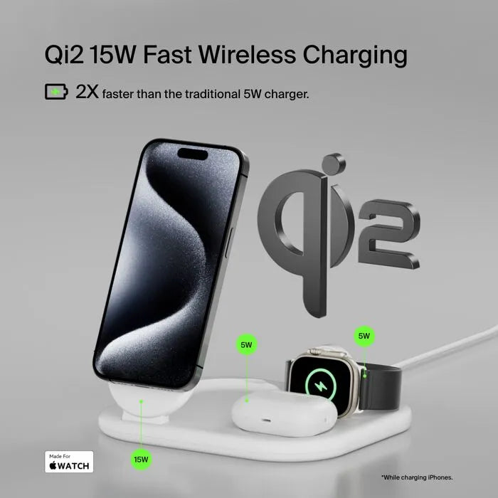 3-in-1 Magnetic Foldable Wireless Charger with Qi2 15W, White