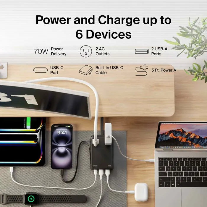 2-Outlet Charging Station with USB Ports and USB-C Cable 70W, Black