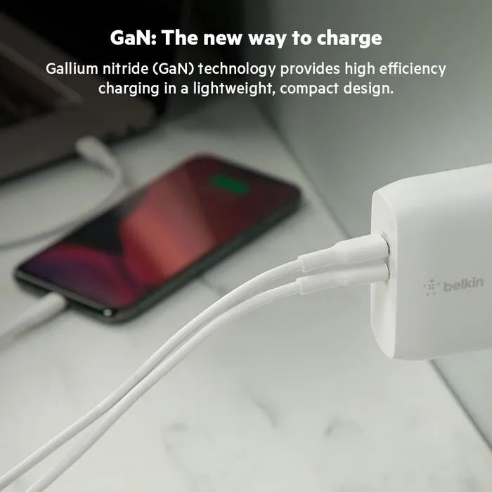 Dual USB-C PD GaN Wall Charger 68W, White