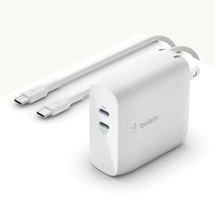 Dual USB-C GaN Wall Charger 68W + USB-C Cable, White