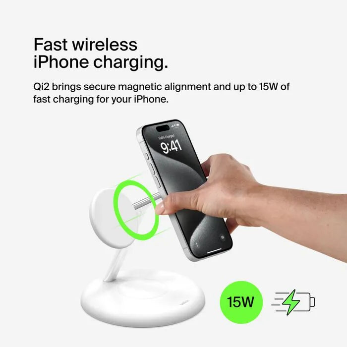 3-in-1 Magnetic Wireless Charging Stand with Qi2 15W, White