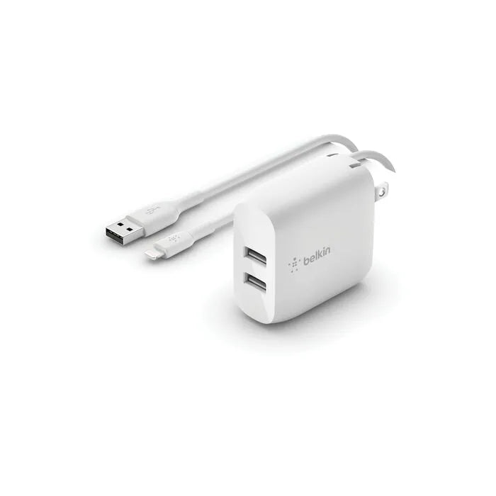 Dual USB-A Wall Charger 24W + Lightning to USB-A Cable, White