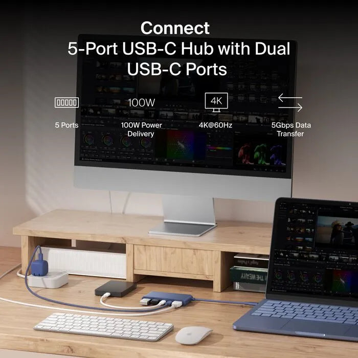 5-Port USB-C Hub with Dual USB-C Ports, Indigo