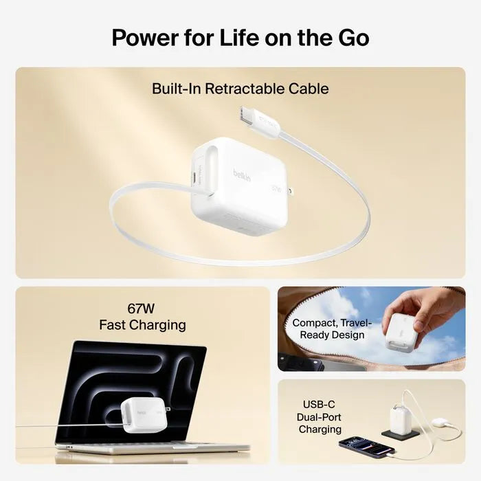 Retractable GaN Wall Charger, White