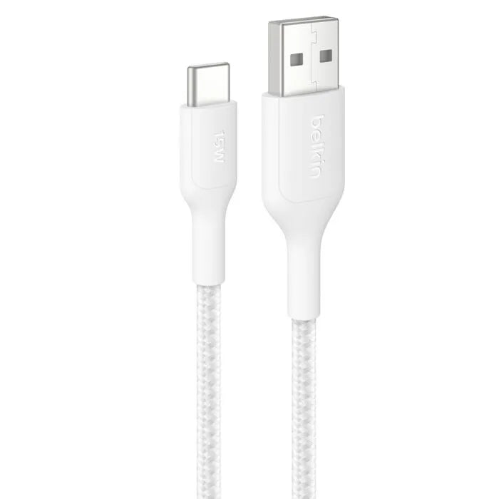 Braided USB-A to USB-C Cable 15W, 3.3ft/1m,, White