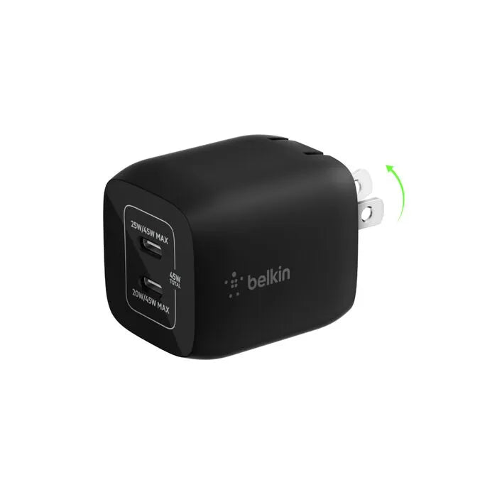 Dual USB-C GaN Wall Charger with PPS 45W, Black
