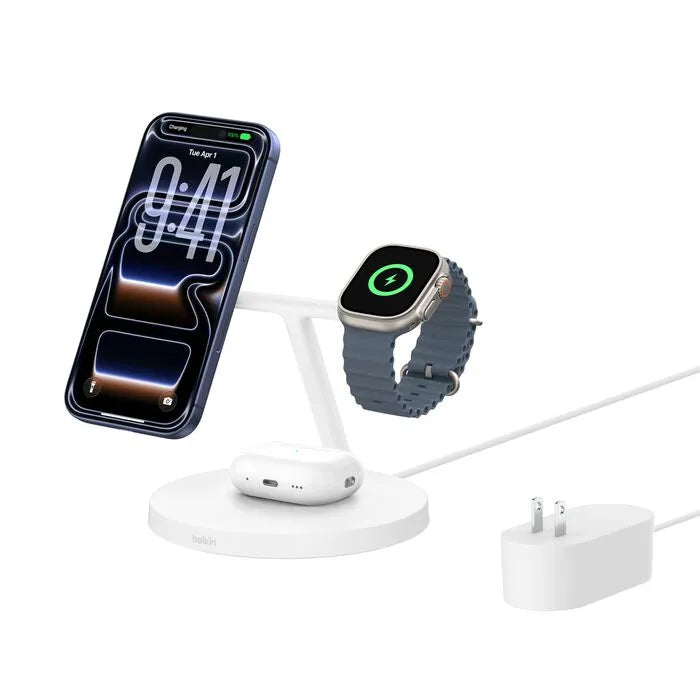 3-in-1 Wireless Charging Stand with Qi2 15W, White