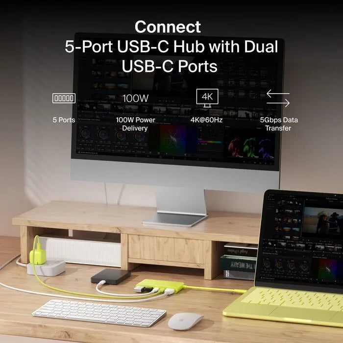 5-Port USB-C Hub with Dual USB-C Ports, Citrus Yellow