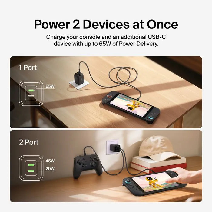 Dual USB-C Wall Charger 65W for Nintendo Switch 2, Black