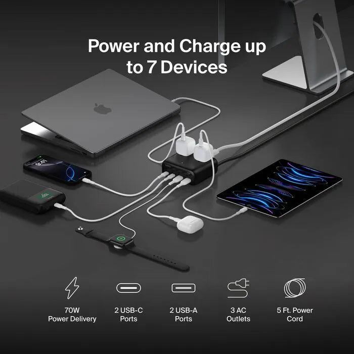 3-Outlet Charging Station with 2 USB-A and 2 USB-C Ports 70W, Black