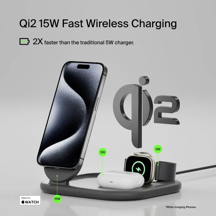 3-in-1 Magnetic Foldable Wireless Charger with Qi2 15W, Black