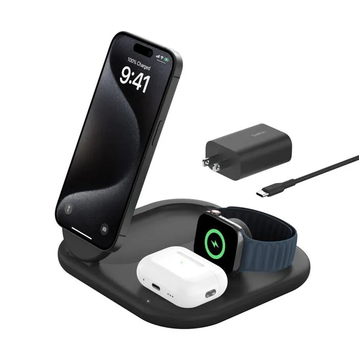 3-in-1 Magnetic Foldable Wireless Charger with Qi2 15W, Black