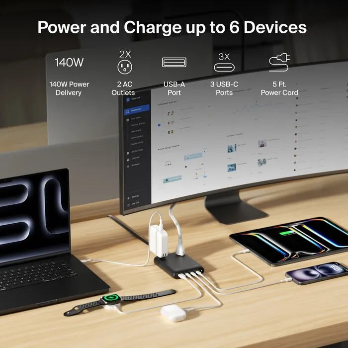 2-Outlet Charging Station with USB-A and 3 USB-C Ports 140W, Black