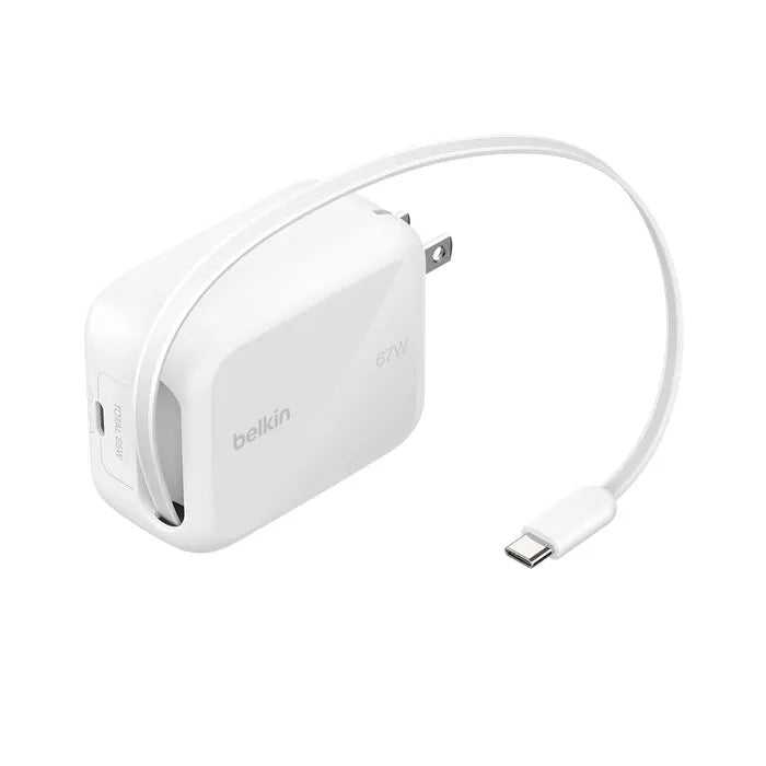 Retractable GaN Wall Charger, White