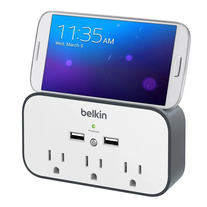 USB Wall Mount Surge Protector with Cradle, White/Gray