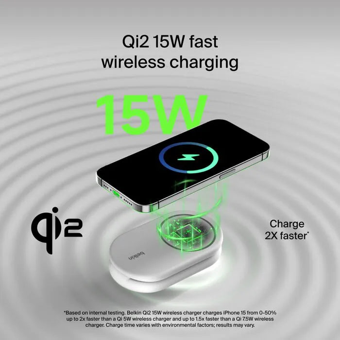 2-in-1 Magnetic Foldable Wireless Charger with Qi2 15W, White