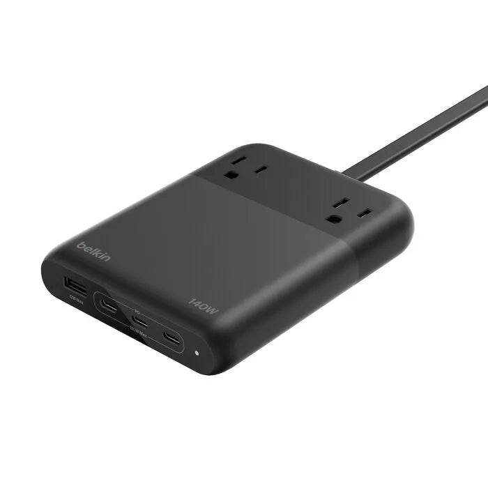 2-Outlet Charging Station with USB-A and 3 USB-C Ports 140W, Black
