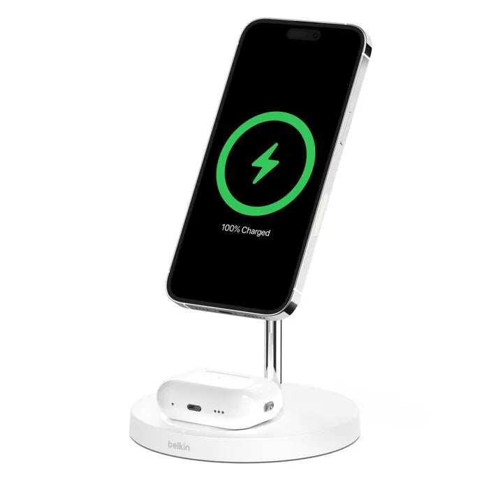 2-in-1 Wireless Charger Stand with Official MagSafe Charging 15W (Certified Refurbished), White