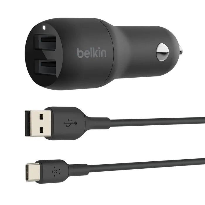 Dual USB-A Car Charger 24W + USB-A to USB-C Cable, Black