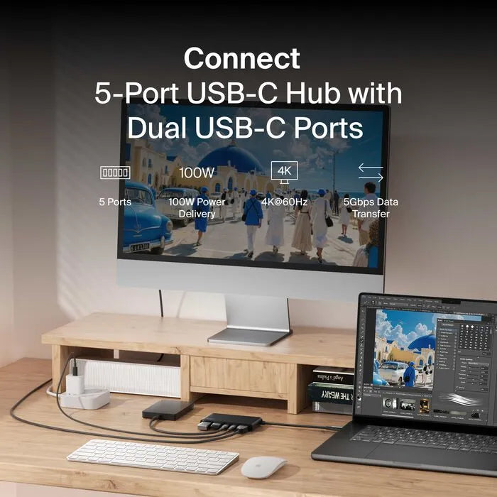 5-Port USB-C Hub with Dual USB-C Ports, Black
