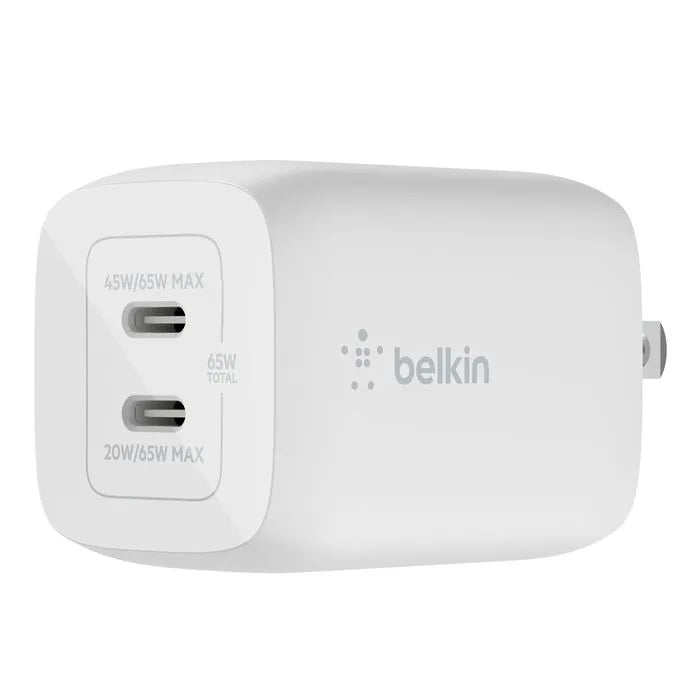 Dual USB-C GaN Wall Charger with PPS 65W, White