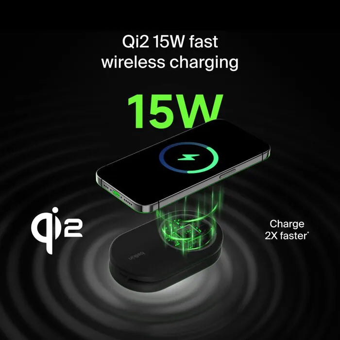 2-in-1 Magnetic Foldable Wireless Charger with Qi2 15W, Black