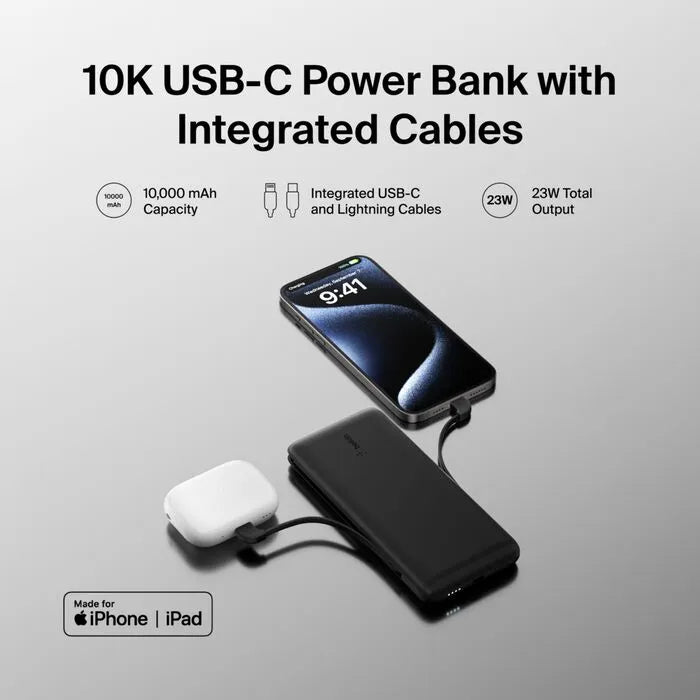10K USB-C Power Bank with Integrated Cables, Black