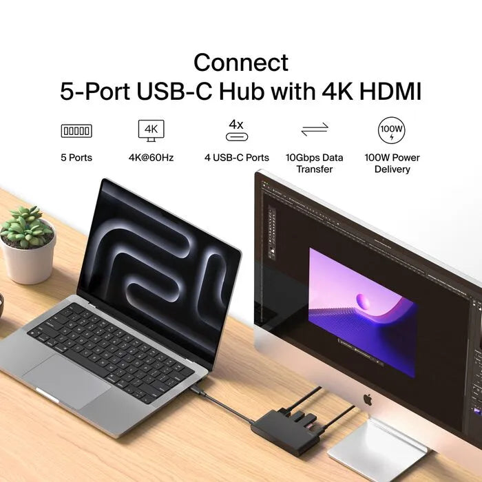 5-Port USB-C Hub with 4K HDMI, Black
