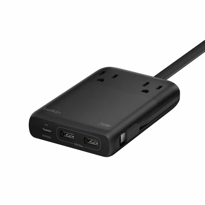 2-Outlet Charging Station with USB Ports and USB-C Cable 70W, Black