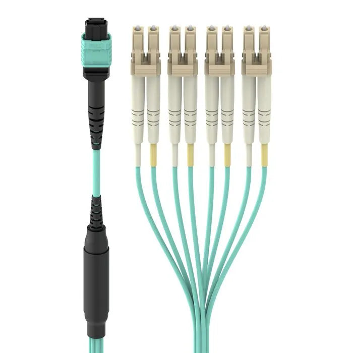 MTP to LC Fiber Optic Cable, 40GB Aqua Multimode MTP/8x LC, 50/125, OM3, Plenum, Aqua