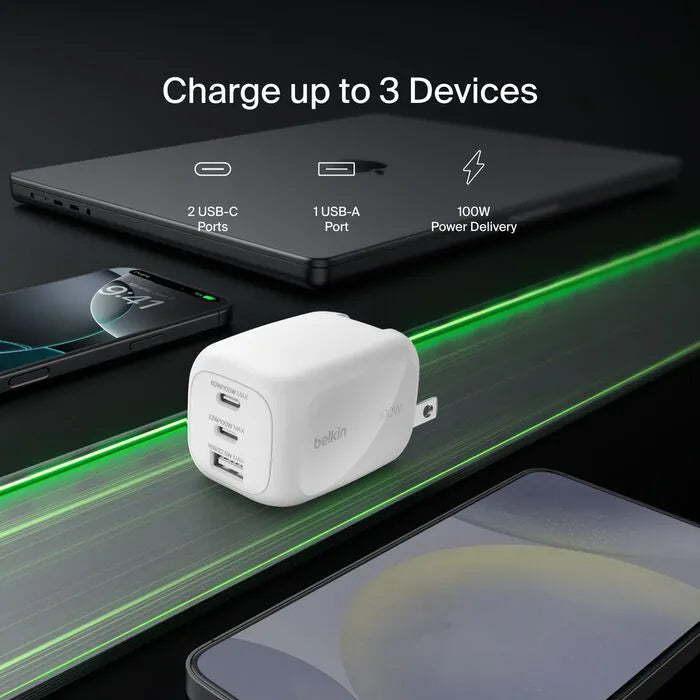3-Port GaN Wall Charger 100W, White