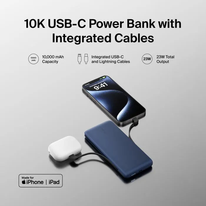 10K USB-C Power Bank with Integrated Cables, Blue