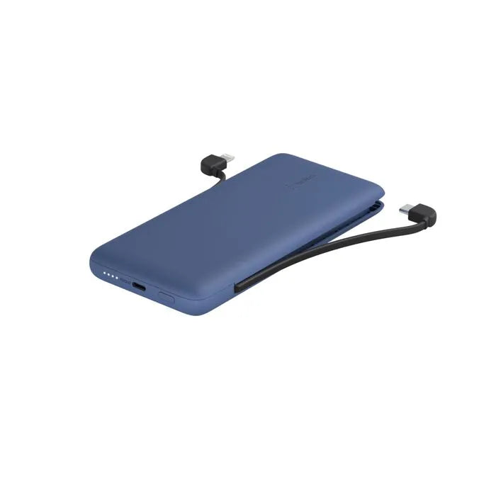 10K USB-C Power Bank with Integrated Cables, Blue