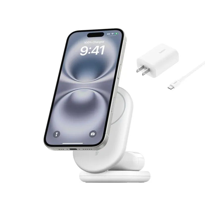2-in-1 Magnetic Foldable Wireless Charger with Qi2 15W, White