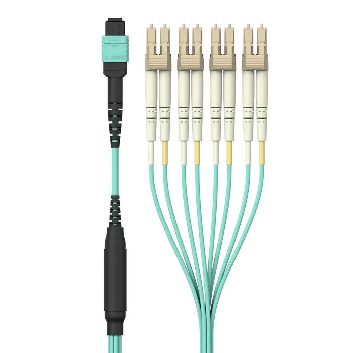 MTP to LC Fiber Optic Cable, 40GB Aqua Multimode MTP/8x LC, 50/125, OM3, Plenum, Aqua