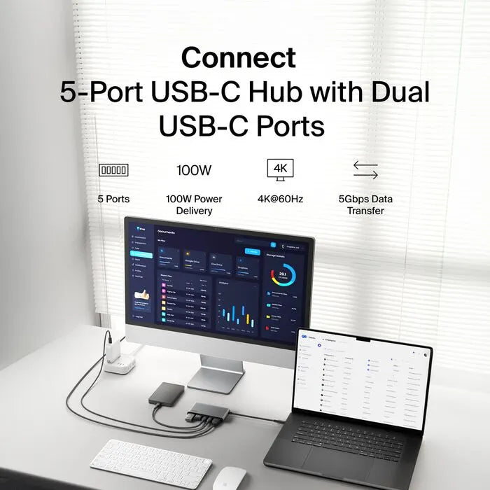 5-Port USB-C Hub with Dual USB-C Ports, Space Gray