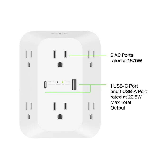 6 Outlet Wall Surge Protector with USB-C and USB-A