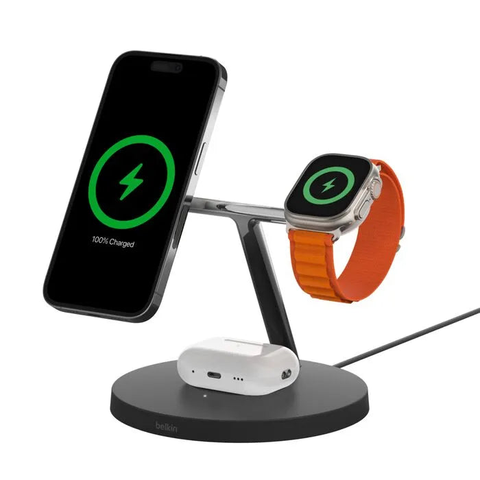 3-in-1 Wireless Charger with Official MagSafe Charging 15W (Certified Refurbished), Black