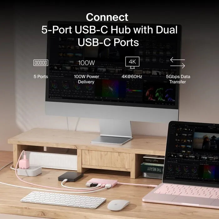 5-Port USB-C Hub with Dual USB-C Ports, Blush Pink