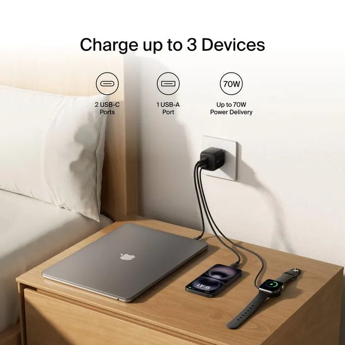 3-Port GaN Wall Charger 70W, Black