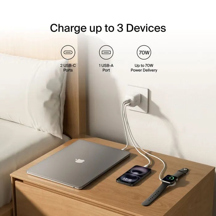 3-Port GaN Wall Charger 70W, White