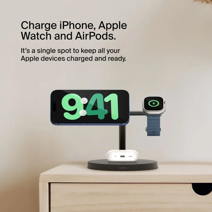 3-in-1 Wireless Charging Stand with Qi2 15W, Black