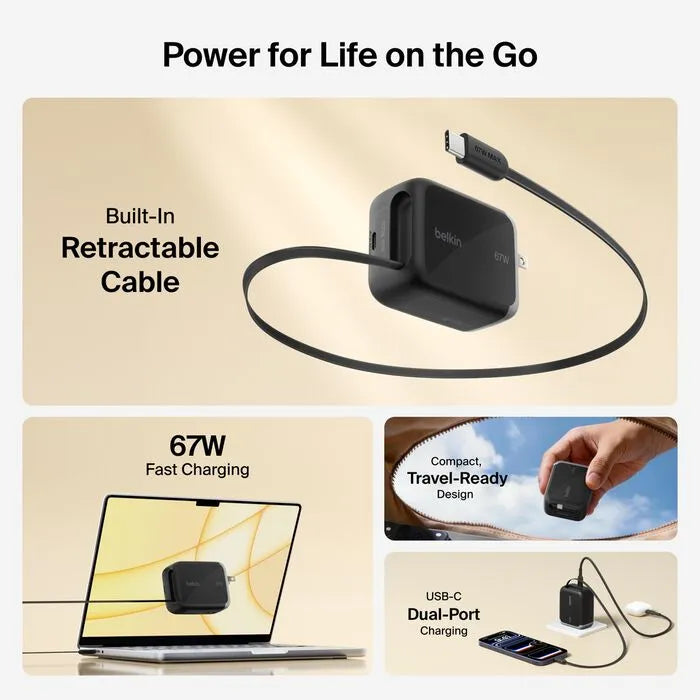 Retractable GaN Wall Charger, Black/Gray