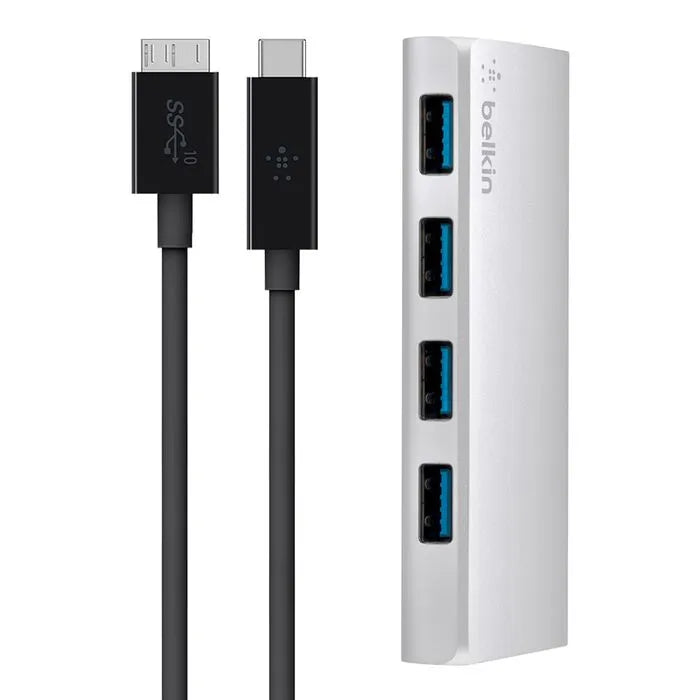USB 3.0 4 Port Hub + USB-C Cable (USB Type-C) (Certified Refurbished), Silver