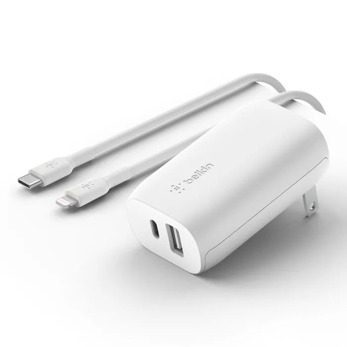 Dual Wall Charger with PPS + USB-C Cable with Lightning Connector, White