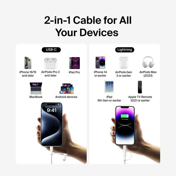 2-in-1 Cable with USB-C and Lightning Connector, White