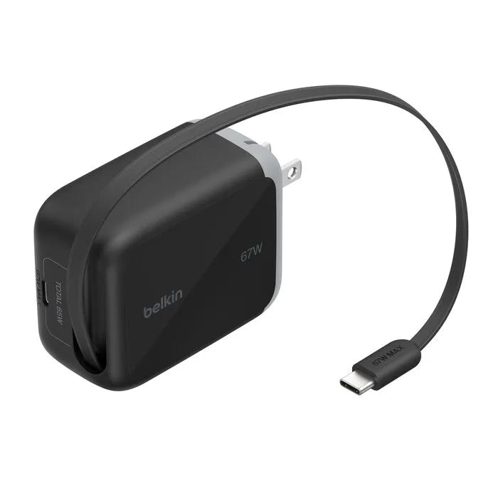 Retractable GaN Wall Charger, Black/Gray